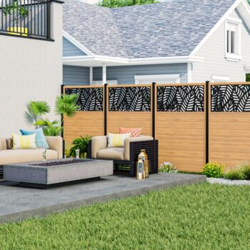 Backyard with vinyl fence with sanibel decorative screen panel