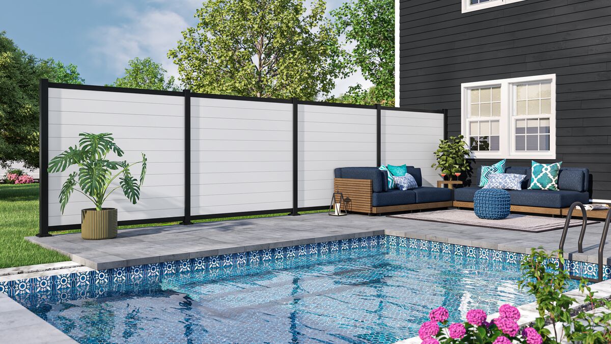 mixed material fence with horizontal vinyl infill with pool